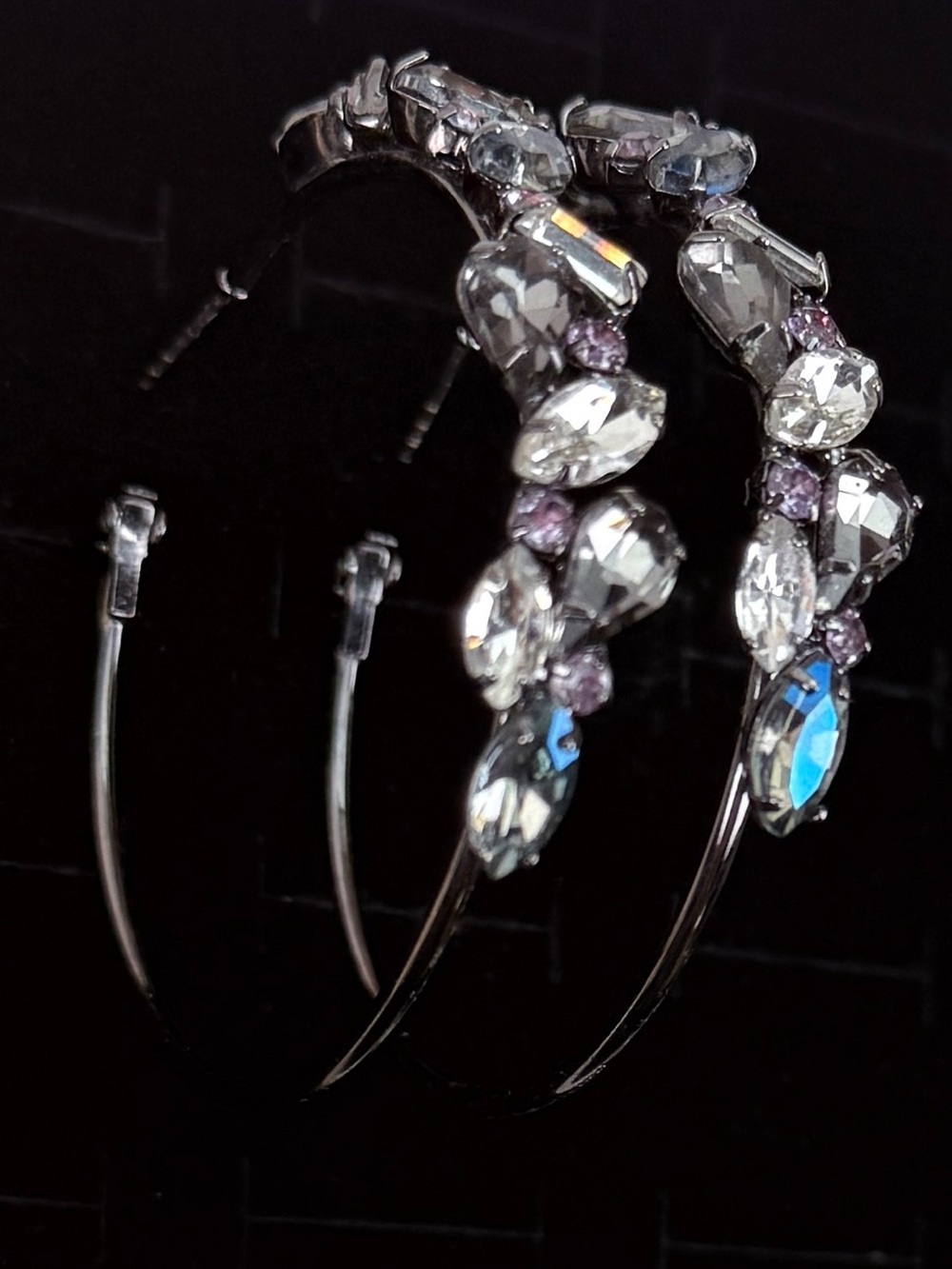 Elegant Crystal Light Gunmetal Silvertone Weighted Hoop Pierced Earrings